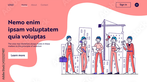 Team of builders working on construction site. Painter, engineer, foreman in helmets holding tools and blueprints at cranes and buildings. Vector illustration for teamwork, labor, occupation