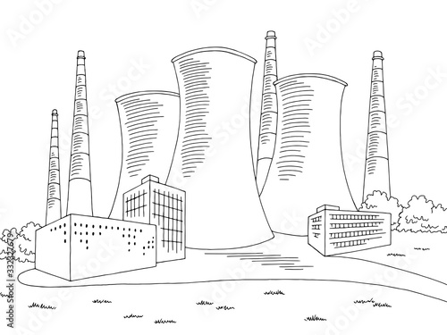 Nuclear power plant graphic black white landscape sketch illustration vector