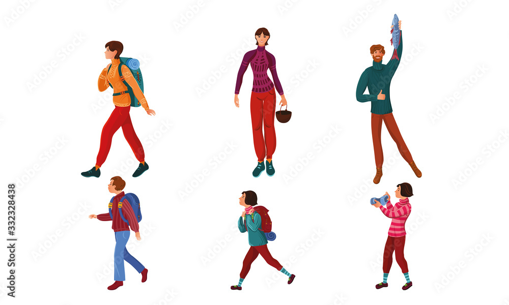 Set of happy tourist people camping scene. Vector illustration in flat cartoon style. Set of happy tourist people camping scene. Vector illustration in flat cartoon style.