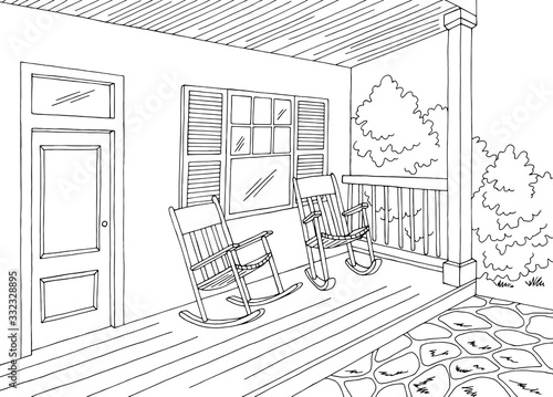 Porch graphic house building black white sketch illustration vector