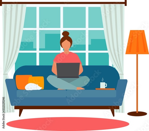 Young woman working on a laptop from home. Vector illustration