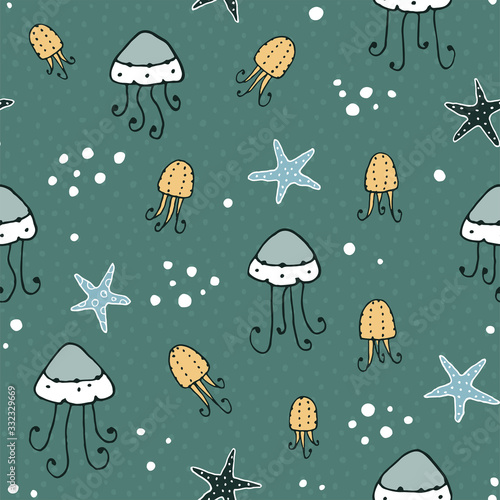 Seamless texture with jellyfishes and hand drawn elements.