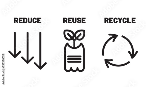 Reduce, Reuse, Recycle icon set. Ecology, zero waste, sustainability,  nature protection, eco friendly concept.