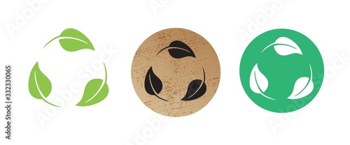 Biodegradable or recycling sticker set. Package icon of recyclable plastic. Round sign with leaves on white, green and cardboard paper 