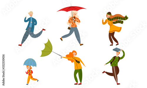 Set of various people on a rainy and windy day. Vector illustration in flat cartoon style.