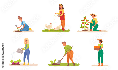 Set of gardeners working on the farm. Vector illustration in flat cartoon style.