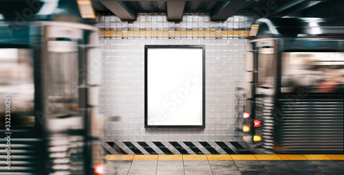 Photography Mock up Poster media template Ads display in NYC Train Subway Station between two Moving Train on background
