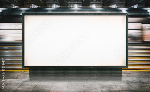 Mock up Horizontal Poster media template Ads display in NYC Train Subway Station with moving train on background. Realistic 3d render illustration photo