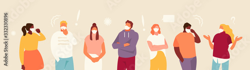 Multi-ethnic group of worried people in protective masks. Coronavirus epidemic prevention. Vector illustration