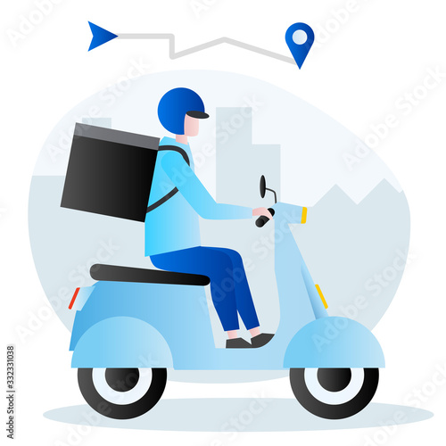 Food delivery service. Young male courier with a large backpack riding a motor bike with city background.