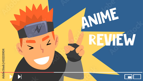 Young Man Blogger Giving Review on Anime Vector Illustration. Entertainment Vlog Concept