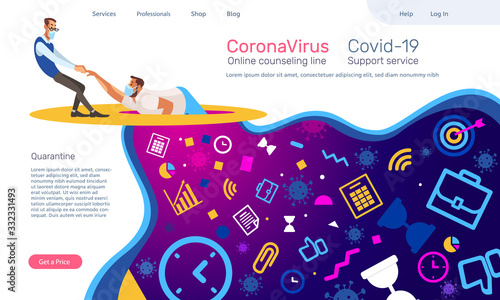 Coronavirus or Covid-19 quarantine. Support service psychology. Online counseling line. Videoconferencing at home during coronavirus self quarantine. Stay at home concept. Cartoon vector illustration