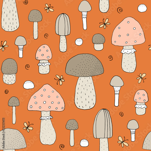 Seamless texture with forest mushrooms and hand drawn elements