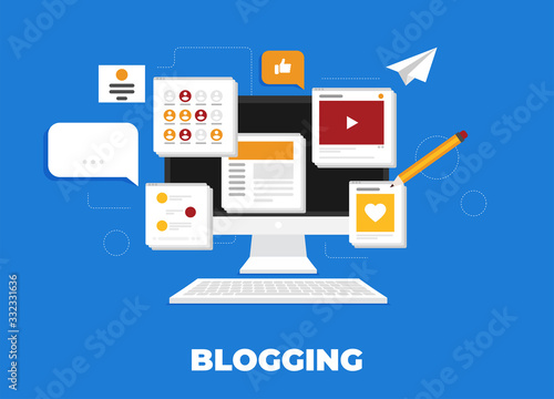 Computer with blogging activity. Flat vector.