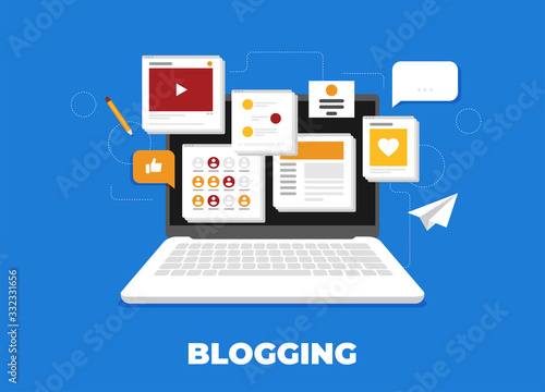 Computer with blogging activity. Flat vector.