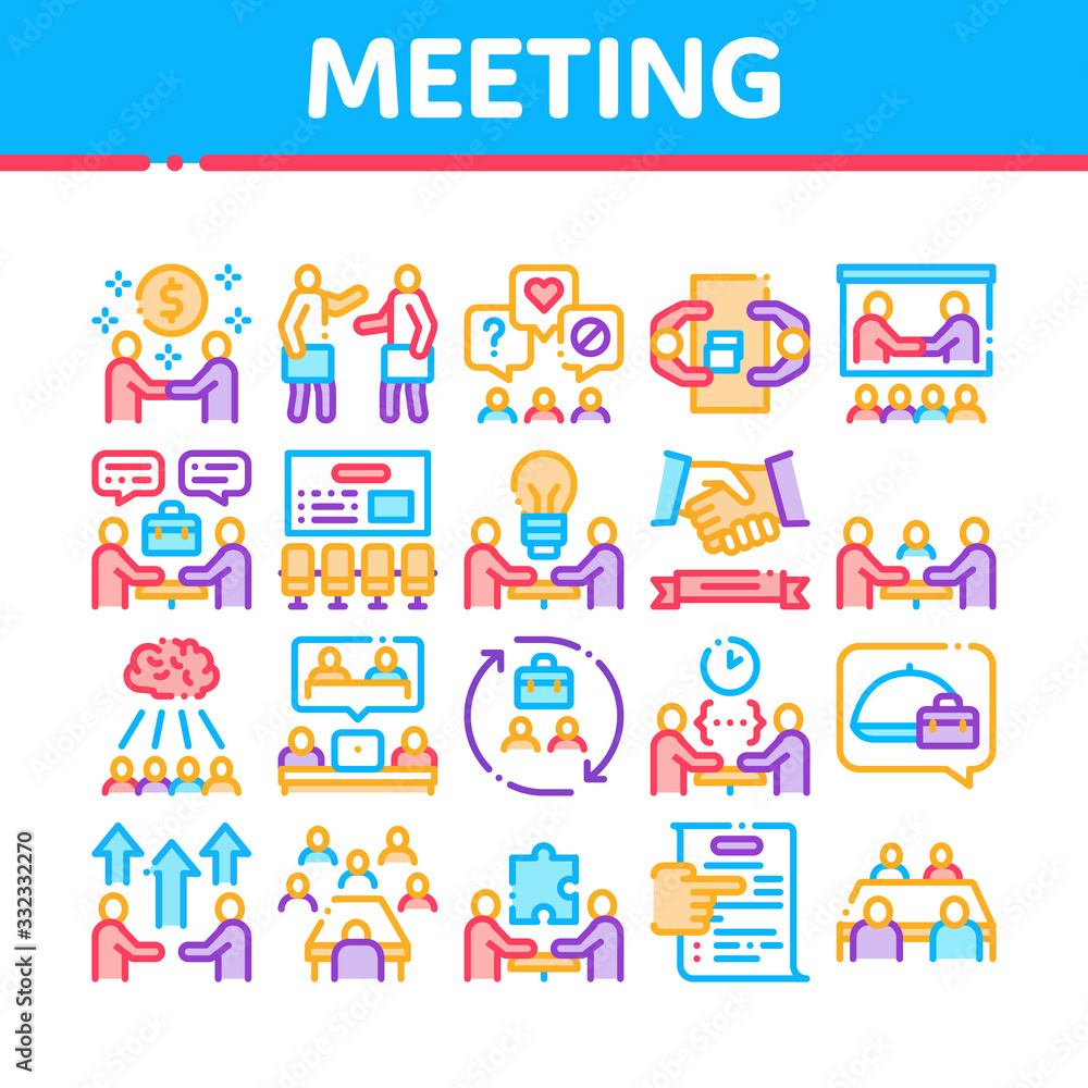 Business Meeting Conference Collection Icons Set Vector. Business Meeting And Seminar, Businessman Partnership, Communication And Talking Concept Linear Pictograms. Color Illustrations Business Meeting Conference Collection Icons Set Vector. Business Meeting And Seminar, Businessman Partnership, Communication And Talking Concept Linear Pictograms. Color Illustrations