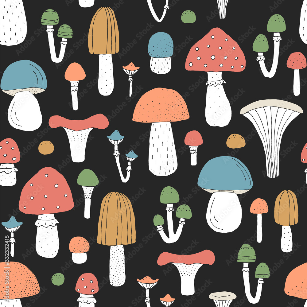 Seamless texture with forest mushrooms and hand drawn elements Seamless texture with forest mushrooms and hand drawn elements