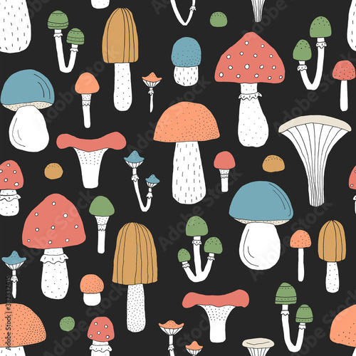 Seamless texture with forest mushrooms and hand drawn elements