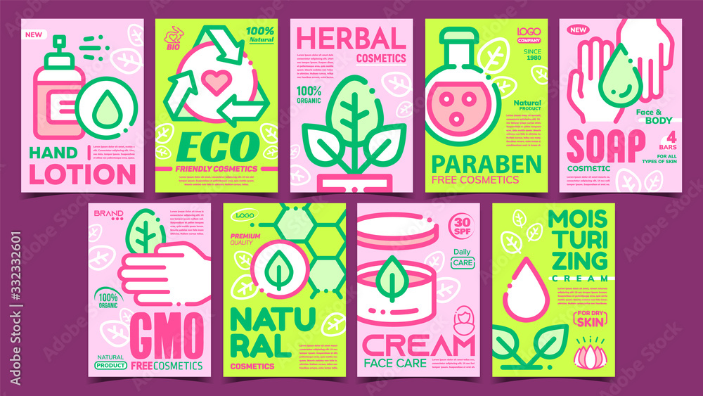 Natural Cosmetics Advertising Posters Set Vector. Eco Friendly And Herbal, Paraben And Gmo Free Cosmetics. Package With Hygiene Skincare Cream Concept Template Stylish Color Illustrations