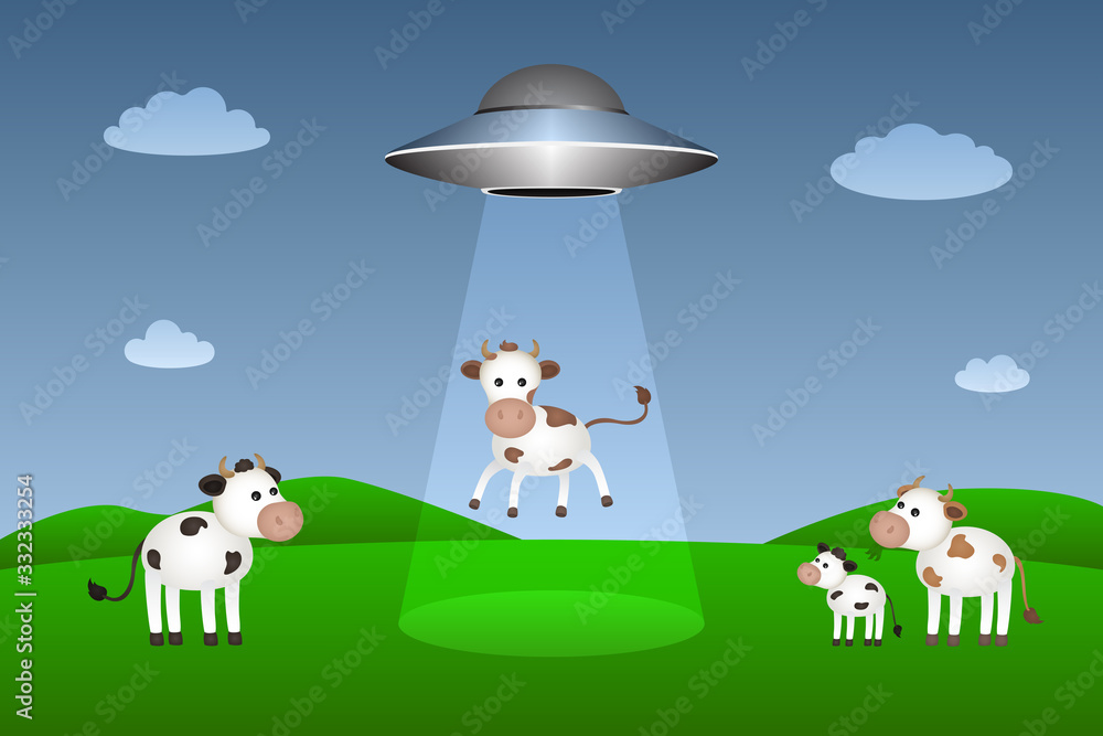 Flying saucer abducts cow. Vector illustration. Flying saucer abducts cow. Vector illustration.