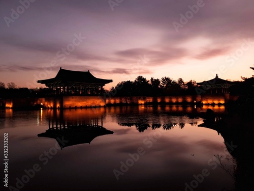 Night view of Korean Palace reflected in water  Donggung and Wolji