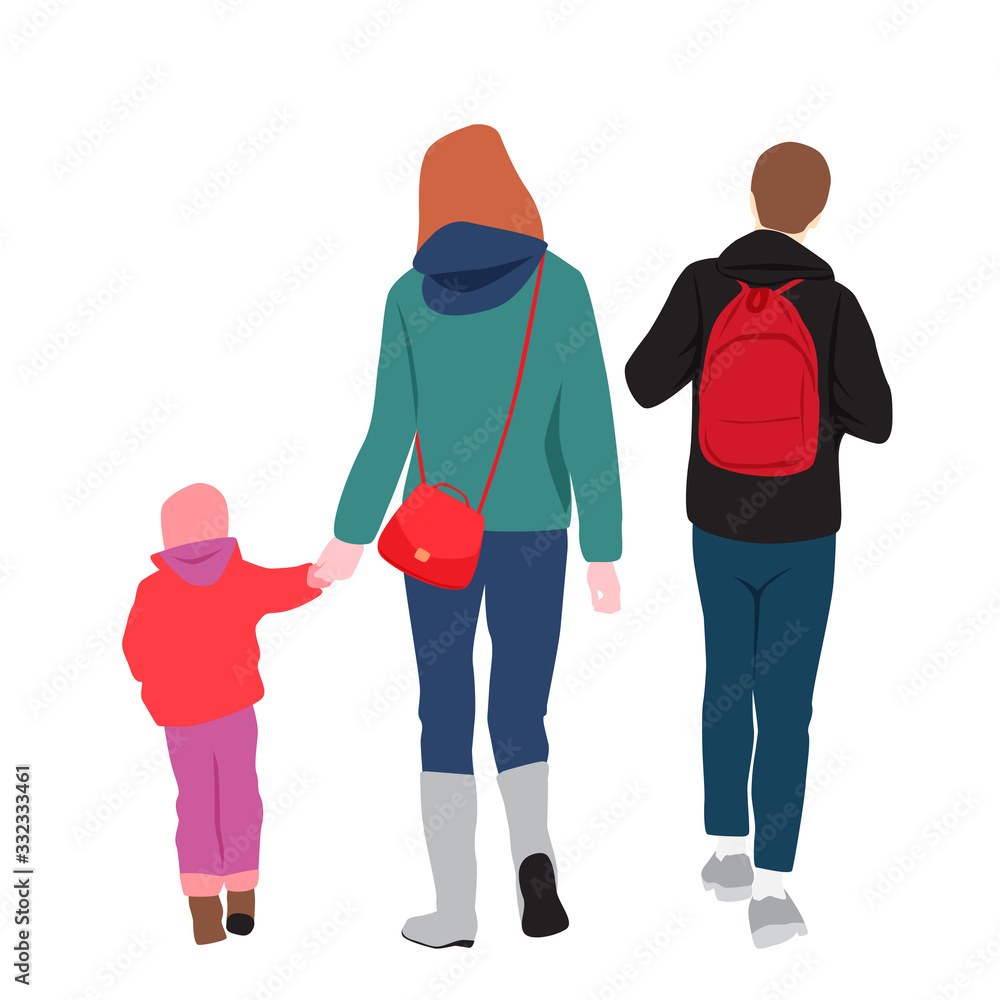 Set of woman, child and teenager walking, different colors, cartoon  character, silhouettes of group walking people , rear view. Flat icon  design concept isolated on a white background Stock Vector | Adobe Stock
