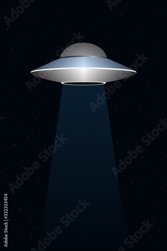 Flying saucer in sky. Alien spaceship. Vector illustration.