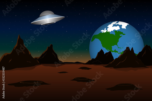 Alien spaceship flies above Mars. Vector illustration.
