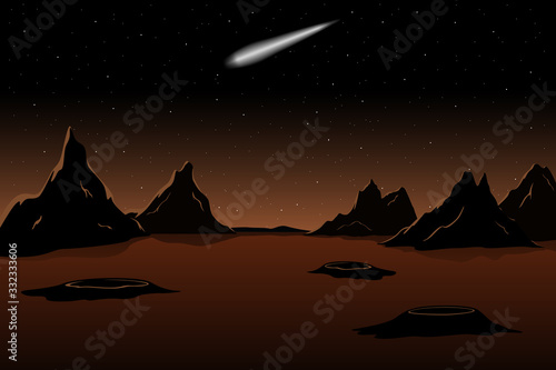 Planet Mars and comet in sky. Vector illustration.