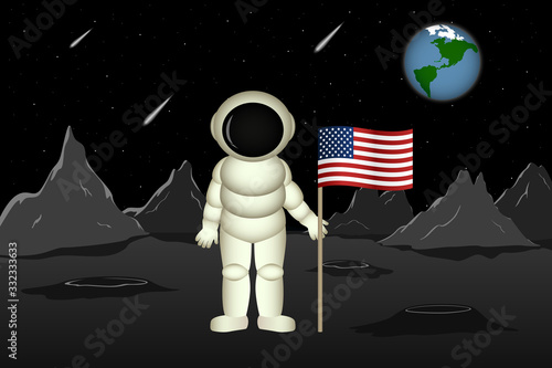 American astronaut stand on planet Mars and hold flag of USA. Vector illustration.