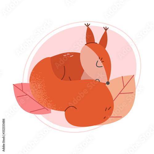 Cute Squirrel Animal Sleeping on Fallen Leaves Vector Illustration