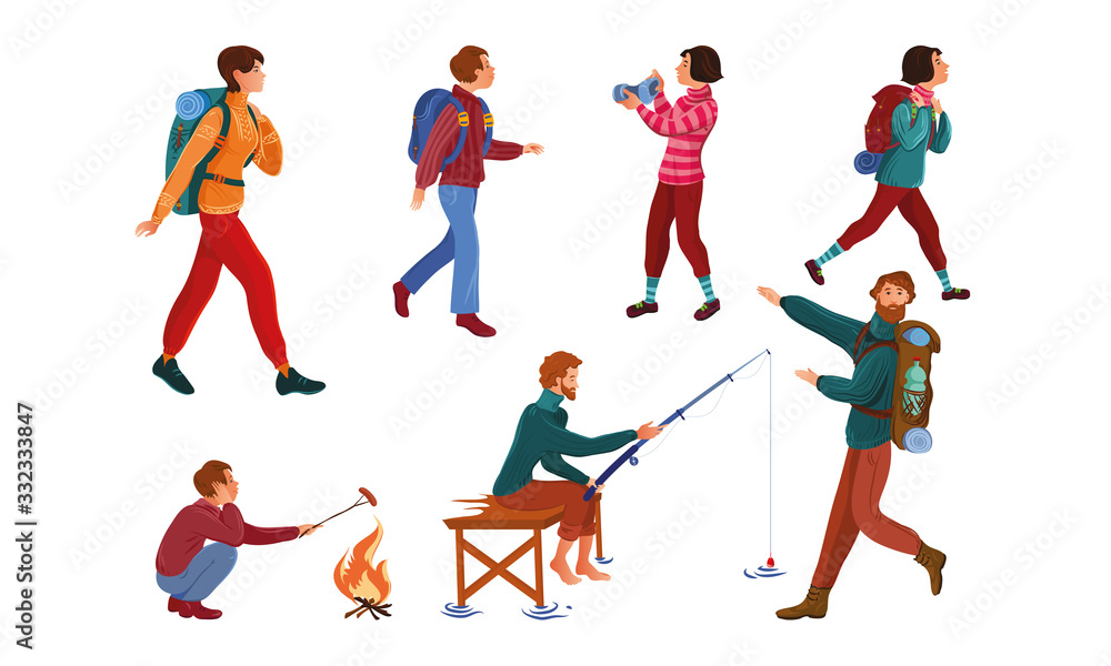 Set of happy family traveling and relaxing, fishing, sitting at a campfire. Vector illustration in flat cartoon style.
