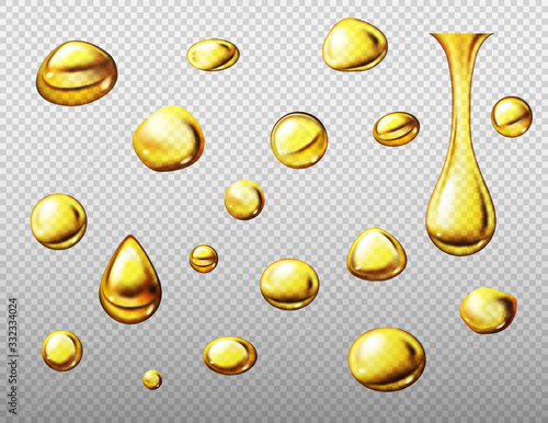 Set of realistic gold or yellow oil drops. Vector illustration isolated on transparent background