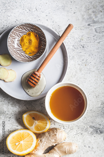 Beverage for raising immunity concept..Warm drink with turmeric, ginger, honey and lemon.