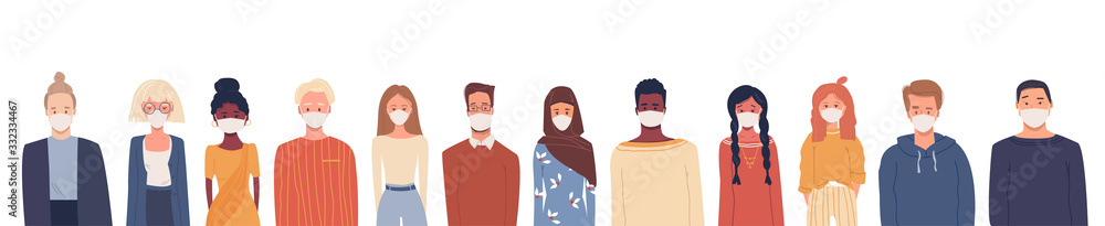 Multiethnic group of people wearing medical masks. Global problem. Disease epidemic, coronavirus infection, air pollution. Coronavirus quarantine. Vector illustrations in flat style isolated on white