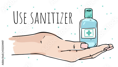 Illustration of a hand holding a sanitizer. Call for the use of a disinfecting gel.
