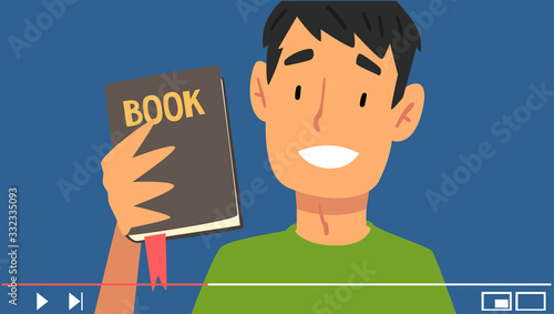 Young Man Blogger Advertising Book to His Followers Vector Illustration