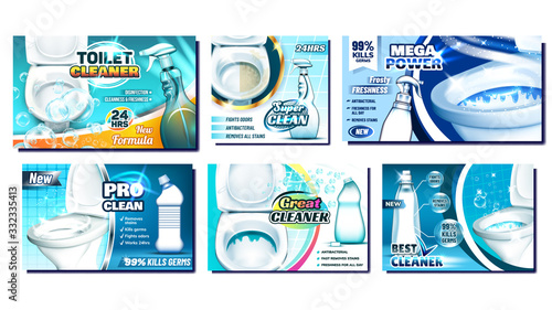 Toilet Cleaner Promo Advertise Posters Set Vector. Blank Spray And Bottles With Antibacterial Liquid For Washing Toilet. Restroom Hygiene Concept Template Realistic 3d Illustrations