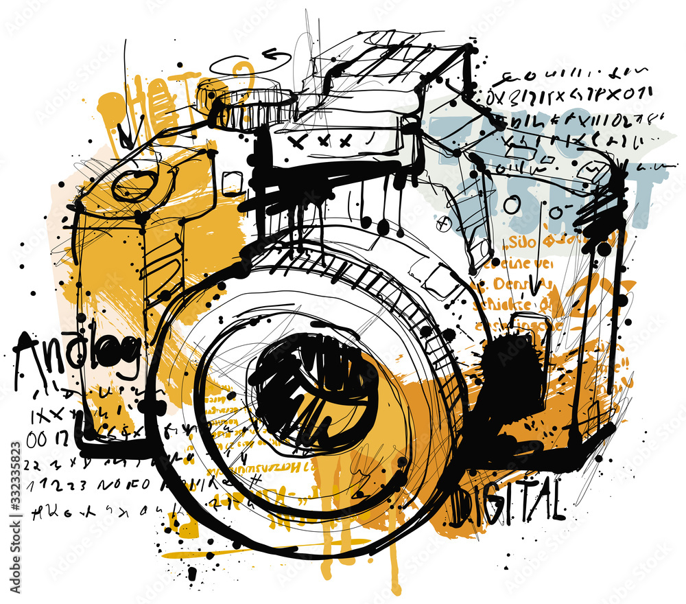 Hand drawing vector image of an digital cam - obrazy, fototapety, plakaty 