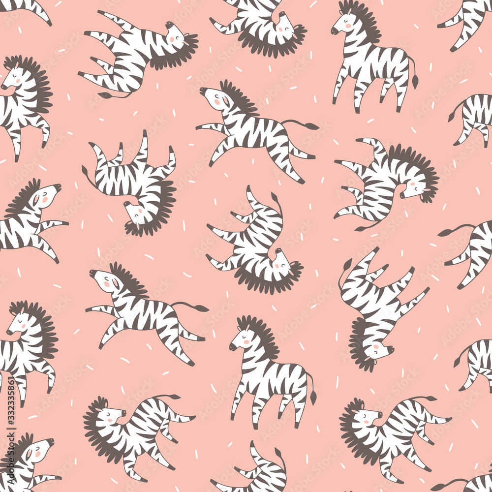 Kids zebra seamless pattern. Zoo safari print. Vector hand drawn repeated background for fabric or wallpaper design.