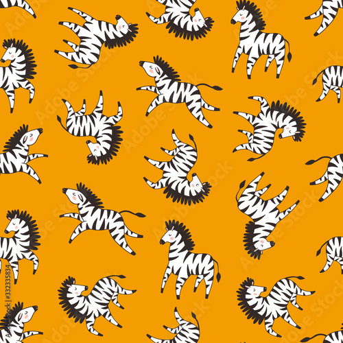 Kids zebra seamless pattern. Zoo safari print. Vector hand drawn repeated background for fabric or wallpaper design.