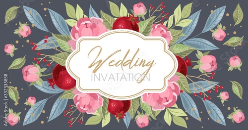 Wedding invitations with pomegranate and leaves. Composition for a wedding or greeting card. Design element for wedding,  birthday, natural and eco cosmetics. Can be used for a poster, invitation , or