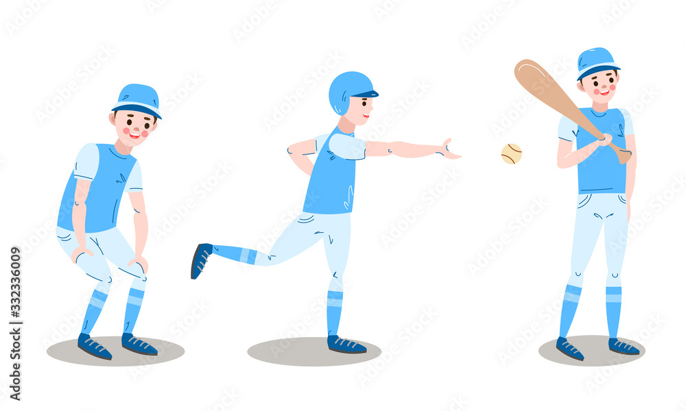 Set of baseball player character in different poses. Vector illustration in flat cartoon style. Set of baseball player character in different poses. Vector illustration in flat cartoon style.