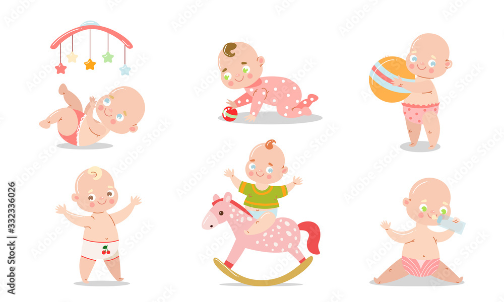 Set of a cute baby in underpants in different situations. Vector illustration in flat cartoon style. Set of a cute baby in underpants in different situations. Vector illustration in flat cartoon style.