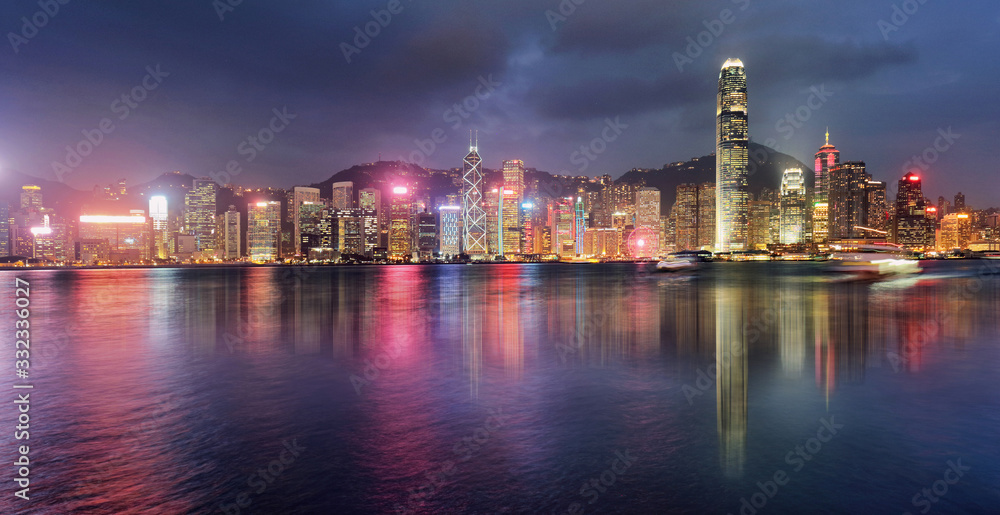 Panorama of Victoria Harbor night view at Hong Kong, China