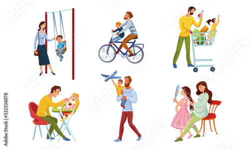 Set of happy parents and children spend time together. Vector illustration in flat cartoon style.