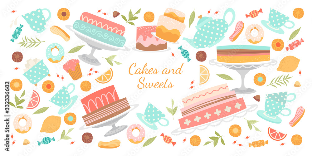 Fototapeta premium Vector banner with cakes, cookies and other pastries, as well as tea accessories on a white background for the design of a cafe or bakery.