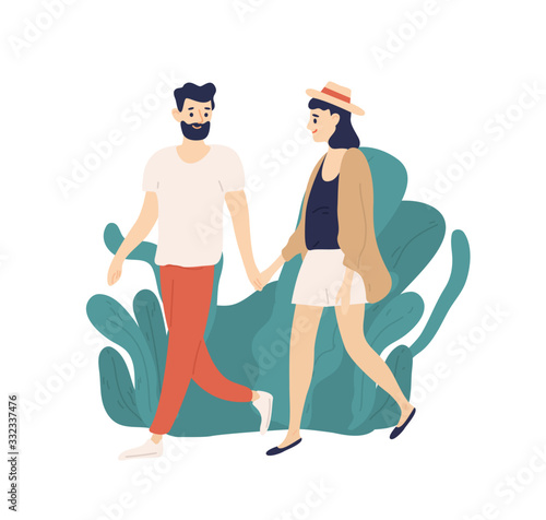 Casual young couple walking holding hands outdoors vector flat illustration