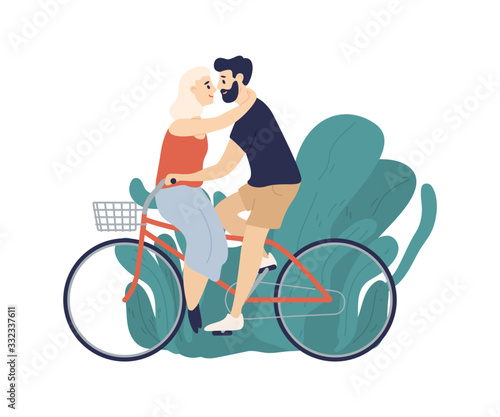 Active couple riding on bike together isolated on white background