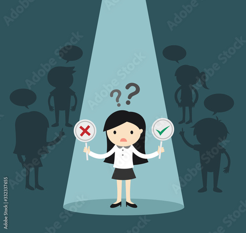 Business concept, Business woman's standing in spotlight and confused about true or false. Vector illustration.